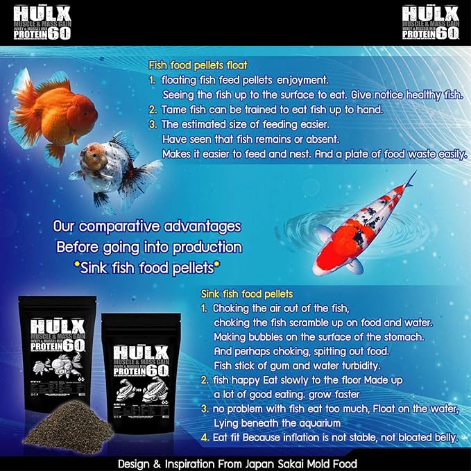 HULX Koi Fish Food Sinking Pellets for Big Muscle & Mass Weight Gain, Whey Mixed High Protein 60% Fast Growth Formula 1.3 Lb.(600 Gram.) 2mm, Healthy Nutrition Color Enhancer, Clear Water Pond Food