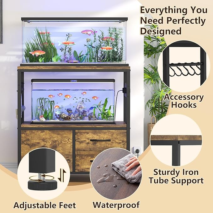 Heybly 20-29 Gallon Fish Tank Stand, Aquarium Stand with Drawer, Power Outlet, Heavy Duty Metal Frame, for Fish Tank, Turtle & Reptile Terrarium, 31.5" x 15.7" Top, 330lbs, Rustic Brown HAS001SR