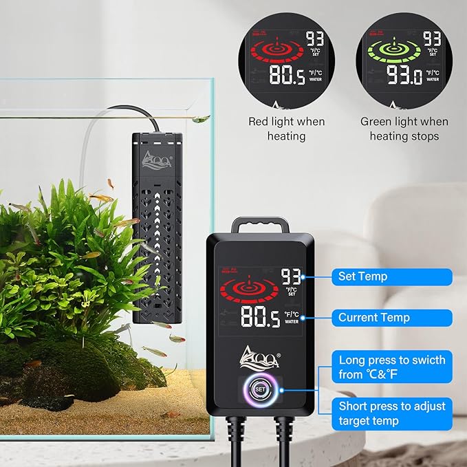AQQA Fish Tank Heater 1000W for Aquarium 135-258 Gallon Quartz Glass Betta Fish Submersible Heater Thermostat with Intelligent Controller for Freshwater and Saltwater (AQ197-1000W for 135-258Gal)