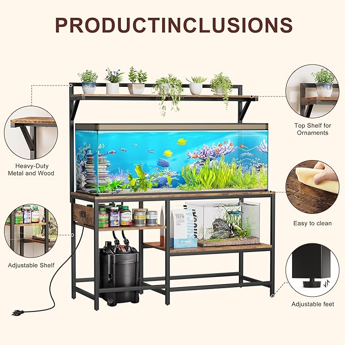 55 Gallon Fish Tank Stand, Aquarium Stand with Power Outlet, Heavy-Duty Reptile Terrarium Stand Table with Top Shelf for 55 Gallon Standard Long-Type Model, 52" L x 19.6" W x 29.9" H(Brown)