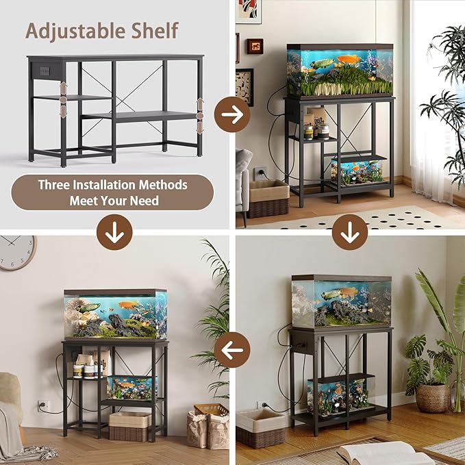BEURUKU 20-29 Gallon Fish Tank Stand with Power Outlet & LED Light, Metal Aquarium Stand with 3 Tier Adjustable Storage Shelves, Tank Stand for Reptile Tank, Turtle Tank, 30.7" L*13.8" W, Black