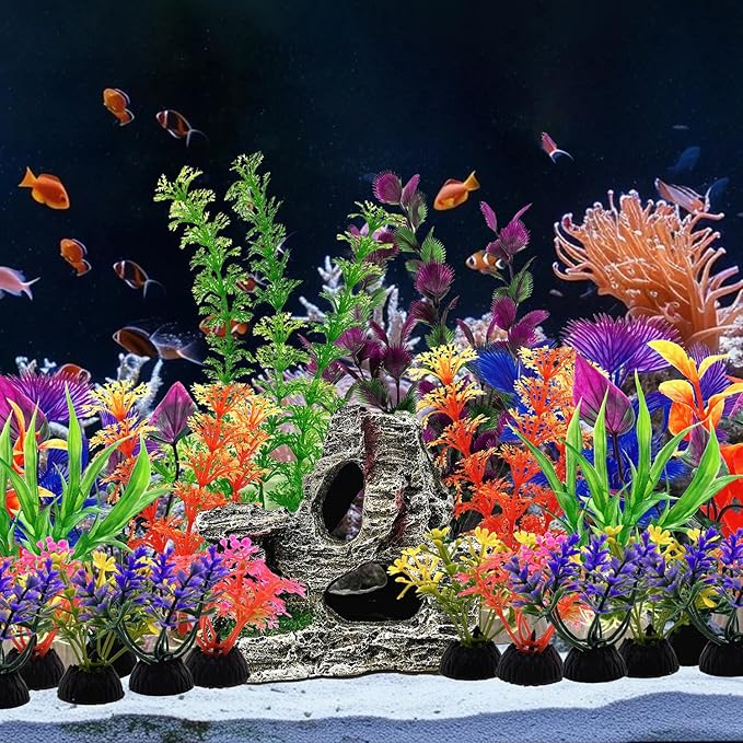 SLOCME 25 PCS Aquarium Plants & Rock Cave Decorations Set – Colorful Fish Tank Plastic Plants Ornaments with Resin Rock Hideout, Realistic Aquarium Decor Accessories for Freshwater & Saltwater Tanks