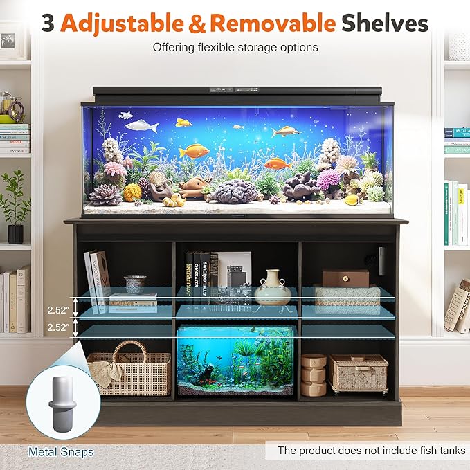 MAGIC UNION 55-75 Gallon Large Fish Tank Stand with Power Outlet, Heavy Duty Aquarium Stand with Sliding Barn Doors, Turtle Reptile Terrarium Stand with Cabinet for Accessories Storage, 1300LBS (Gray)