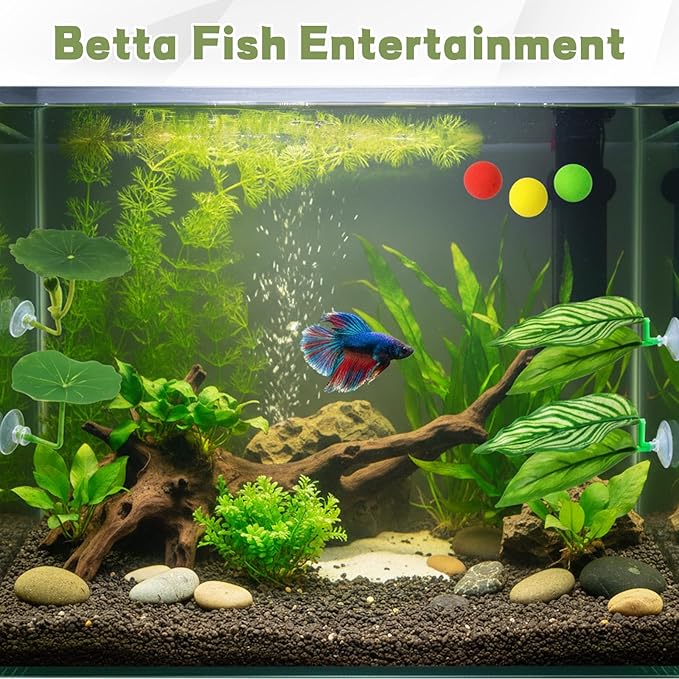 Betta Fish Toys, 13 Piece Betta Toys Set with Five Resting Leaves and Three Floating Balls, Colorful Hoops in Blue Green Yellow White Red, Enrichment Activities for Betta Fish