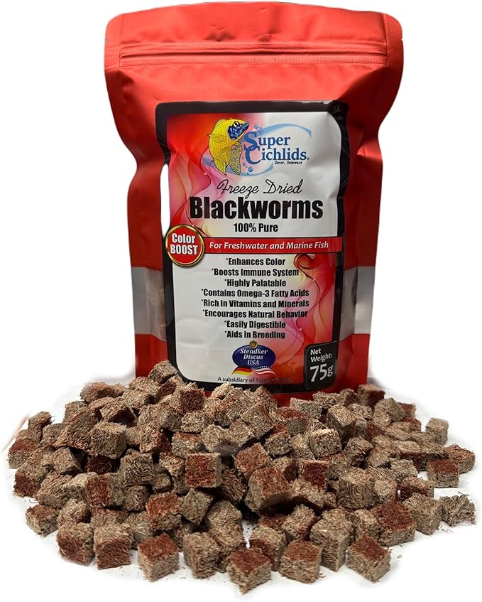 Super Cichlids Freeze Dried Blackworms with Color Boost - Great for Tropical & Marine Aquariums - High Protein, No Preservatives - Live Blackworms Replacement (75 Grams)
