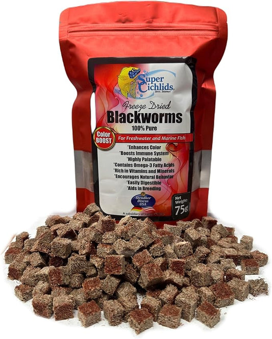 Super Cichlids Freeze Dried Blackworms with Color Boost - Great for Tropical & Marine Aquariums - High Protein, No Preservatives - Live Blackworms Replacement (75 Grams)