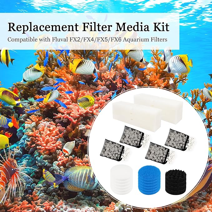 MACIFECI 28 PCS Replacement Filter Media Kit Compatible with Fluval FX2/FX4/FX5/FX6 Aquarium Filters Include Media, Carbon Foam Pad, Water Polishing Pads, Bio-Foam Pads, Foam Block, Mesh Bag