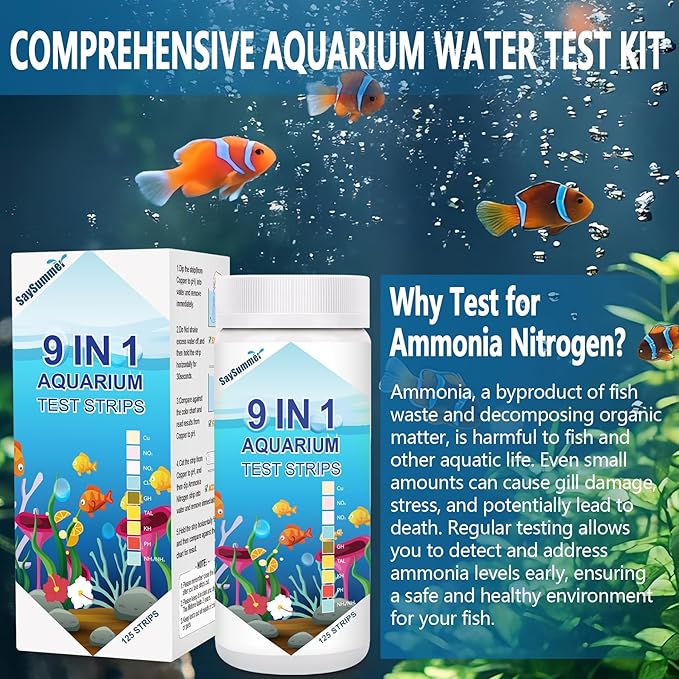 Aquarium Test Strips for Fish Tank: 9 in 1 Aquarium Ammonia Test Strips for Fish Tank - 125 Counts Aquarium Water Test Kit Testing Ammonia Nitrogen, Copper, pH and More