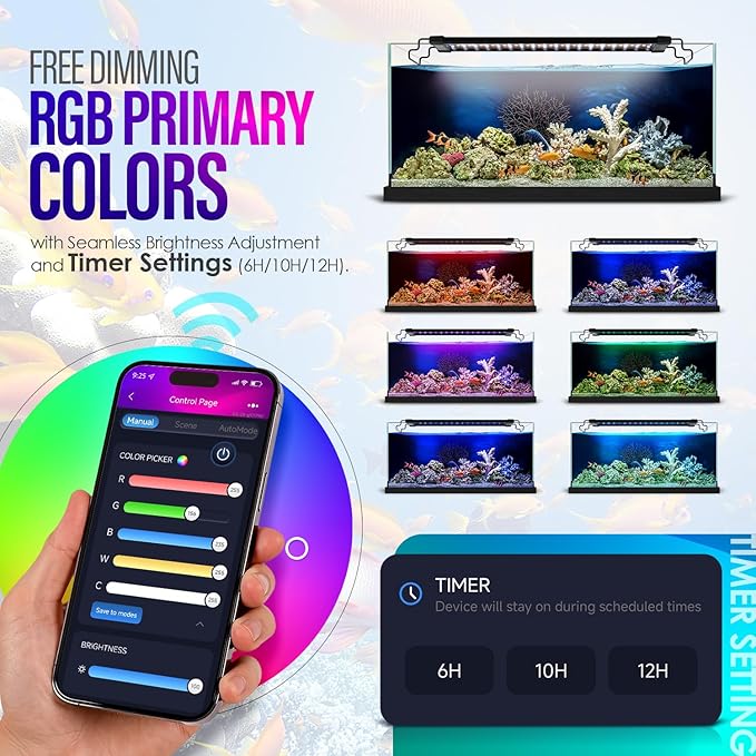 36W Smart Bluetooth App-Controlled Aquarium Light - Customizable Light Colors,Timeable,24/7 User-Defined Sunrise/Sunset Simulation,Tropical Lighting Mode,Suitable for 36-42" Fish Tanks
