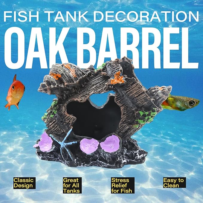 Colorful Resin Fish Tank Ornament with Multiple Hiding Spots, Safe Shelter for Small and Medium Aquariums, Stress-Relief Underwater Decor, Easy to Clean (Oak Barrel)