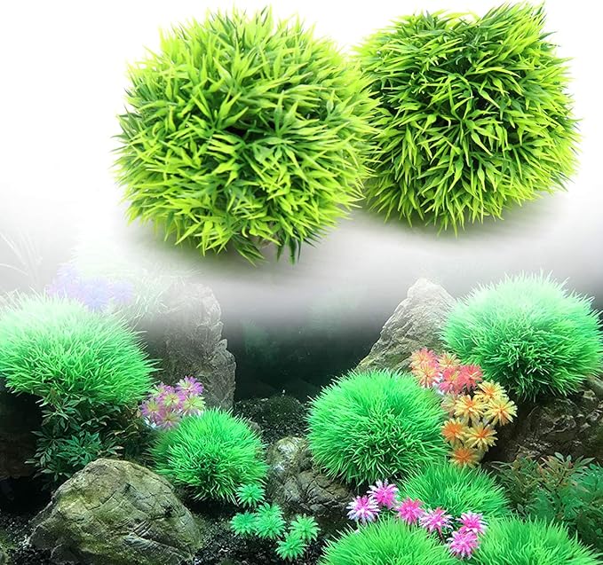 Besimple 4 Pack Aquarium Plastic Plants Grass Ball, Artificial Marimo Balls Green Water Plants Fish Tank Decorations