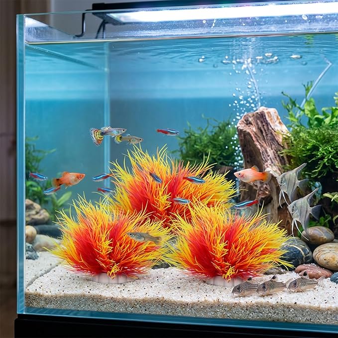 Telooco 3 Pack Aquarium Plants Plastic Realistic Fish Tank Plants with Weighted Base Aquarium Decor for Betta Tanks Aquascaping Reptile Terrariums (Pink and Yellow)