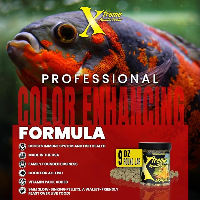 Xtreme Monster 9.0mm Pellets – Slow Sinking & Ideal for Large Cichlids, Monster Fish & Voracious Eaters – Boost Immune & Digestive Health, Max Marine Protein Fish Food – USA Farm Grown (9oz)