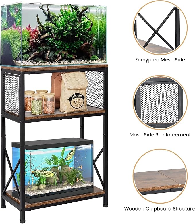 SwaaVee 10 Gallon Fish Tank Stand, Heavy-Duty 3-Tier Metal Storage Cabinet, Rustic Brown Aquarium Stand for Fish, Turtle & Reptile Terrariums (Rustic Brown)