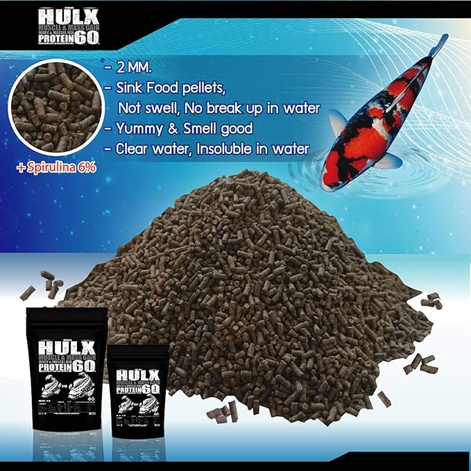 HULX Koi Fish Food Sinking Pellets for Big Muscle & Mass Weight Gain, Whey Mixed High Protein 60% Fast Growth Formula 1.3 Lb.(600 Gram.) 2mm, Healthy Nutrition Color Enhancer, Clear Water Pond Food