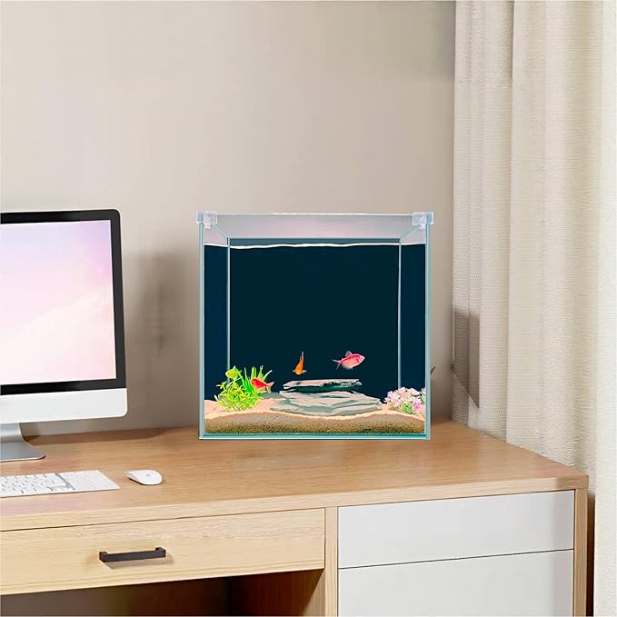 High-Clarity 3.5 Gallon Fish Tank 30 * 15 * 30CM - Low Iron Glass Aquarium with Space-Saving Thin & Narrow Designs | Includes Non-Slip Mat, Corner Guards + Decor | Ideal for Desktop/Bathroom