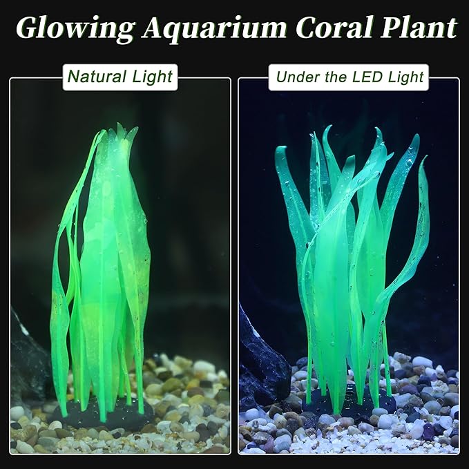 Aquarium Glowing Kelp Plant, Soft Silicone Glowing Fish Tank Decorations, Fluorescence Coral Decor for Aquarium Decor Green 2pcs