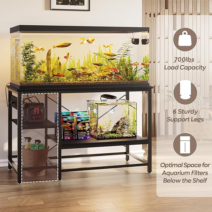 Bestier 55 Gallon Fish Tank Stand with Power Outlet, 49x13 Metal Aquarium Stand with Filter Storage, 6-Leg Long Reptile Tank Stand with 3-Tier Adjustable Storage Shelves, 700LBS Capacity, Black Oak