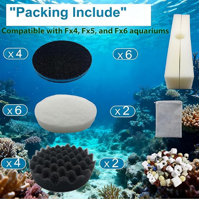26 Piece Fx6 Canister Filter Media Kit Replacement Compatible with Fluval Fx4/Fx5/Fx6 Aquarium Filters Including Upgraded 3-in-1 Carbon Pad, Bio Foam, Carbon Sponge Filter, Ceramic Rings