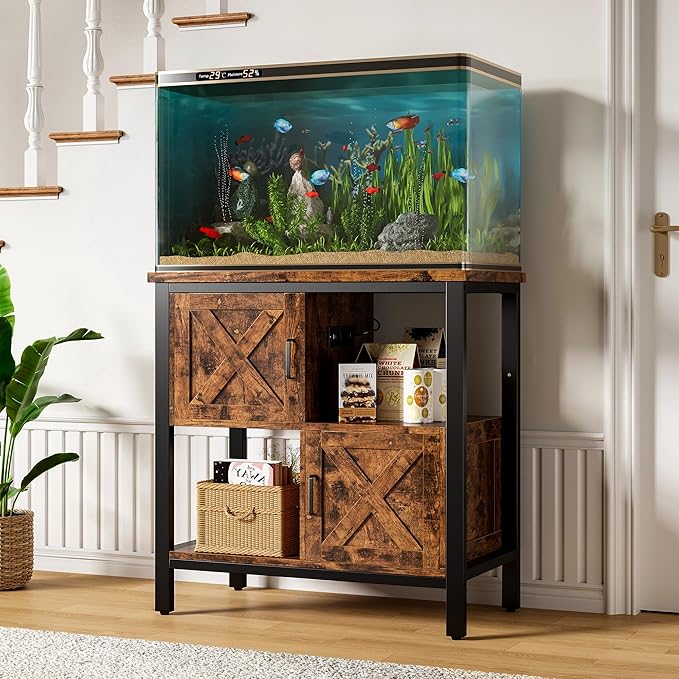 20-29 Gallon Fish Tank Stand with Power Outlet, Farmhouse Aquarium Stand with 2 Cabinets, 20 Gallon Fish Stand with 4 Adjustable Legs, 16.5" L*30.7" W Tabletop (Brown)