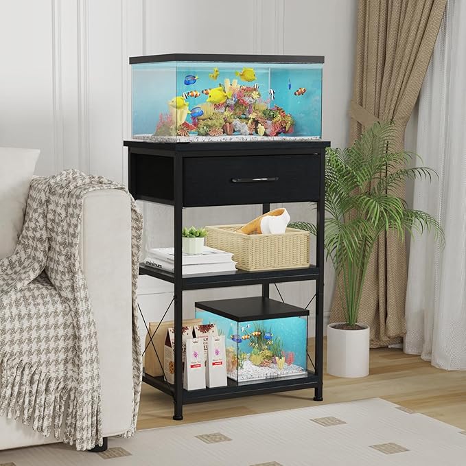5-10 Gallon Fish Tank Stand, Height Adjustable Metal Aquarium Stand with Storage Drawers for Fish Tank Accessories Storage, Perfect for Turtle Tank, Reptile Terrarium, Black