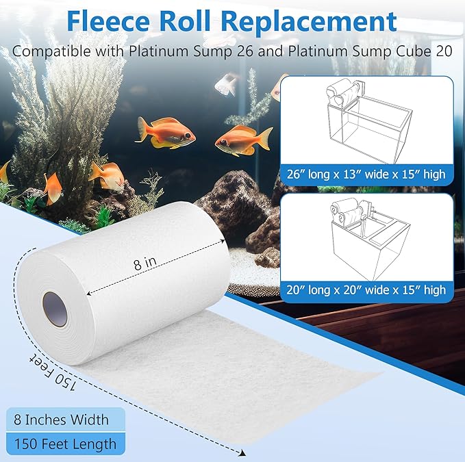 8 inch Fleece Roll Replacement Compatible with Platinum Sump 26 and Platinum Sump Cube 20, 8" x 150' High Flow Non Woven Polyester for Saltwater Coral Reef Tank Filtration