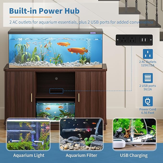 Fish Tank Stand, 75 Gallon Tank Stand with Sliding Cabinet Door, Heavy Duty Aquarium Stand with Power Outlet for Turtle Tank, Reptile Terrarium, 1000LBS Capacity (Walnut)