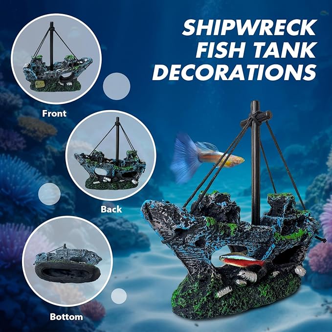 4PCS Fish Tank Decorations Set – Resin Shipwreck & Barrel with 2 Floating Diver Figurines, Aquarium Decor Ornaments for Betta Fish Goldfish Shrimp, Safe Hideouts Decor for Small Tanks