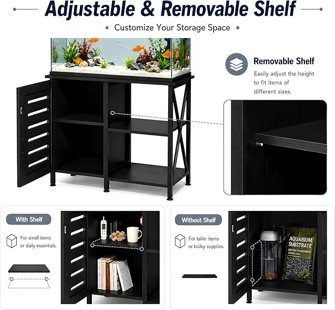 Herture 40-50 Gallon Fish Tank Stand, Aquarium Stand with Cabinet Accessories Storage, Heavy Duty Metal Frame, 40.55" L*18.89" W Tabletop, 850LBS Capacity, Black PG02YGB