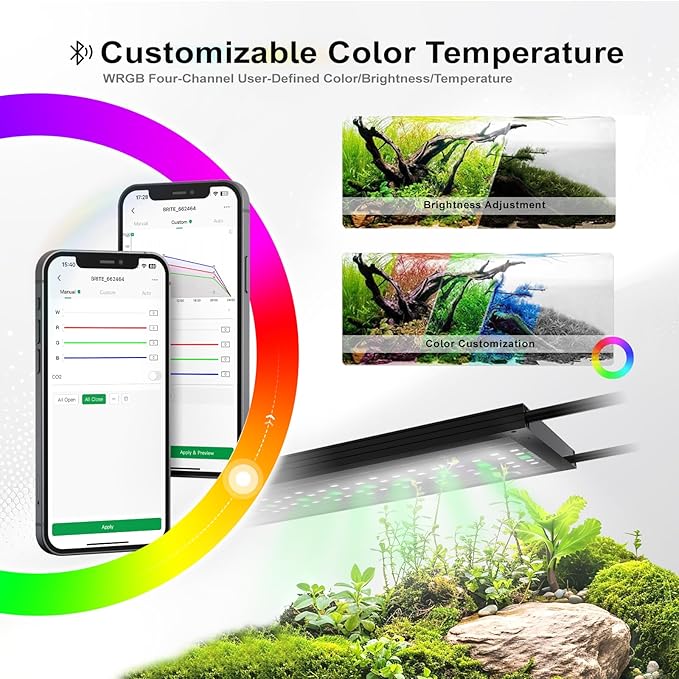 MagTool Brite Series Auto Aquarium LED Light with App-Controlled RGB+W LEDs, ADA Style Extendable Bracket, Supports Custom Sunrise/Sunset Colors in Manual/Auto/Custom Modes (Brite 45)