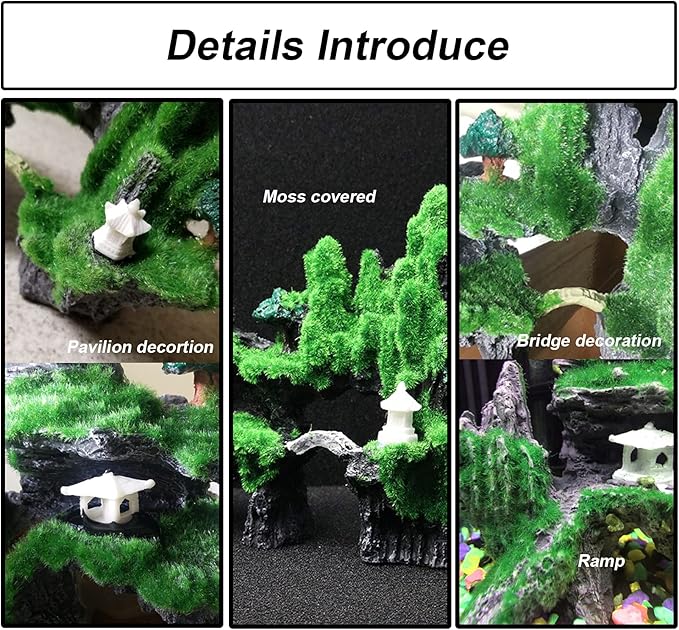 Tfwadmx Fish Tank Mountain View Decoration Aquarium Stone Ornament Bridge with Moss Tree House Cave for Small Betta Shrimp Hide