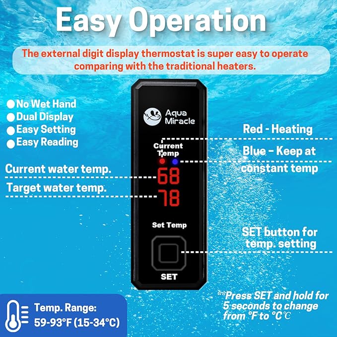 AquaMiracle Upgraded 15W Small Aquarium Heater Fish Tank Heater Turtle Heater Super Mini Aquarium Heater, Dry-Run/Overheating Protection and Memory Function, Dual LED Display, for 1-3 Gal Tanks