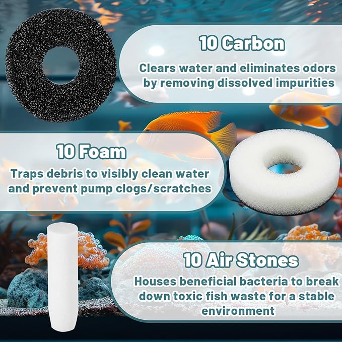 Novabright 32 Pack Filter Replacement Kit Compatible with BiOrb Aquariums Filter Cartridge Accessories10 Carbon Rings 10 Regular Foam 10 Air Stone 2 Cleaner Pad