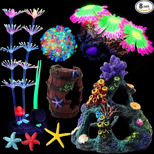 8 Pcs Aquarium Decorations Large Fish Tank Decorations Colorful Coral Reef Broken Barrel Decor Glowing Artificial Plants Ornament Resin Starfish Rainbow Glow in the Dark Fish Tank Gravel