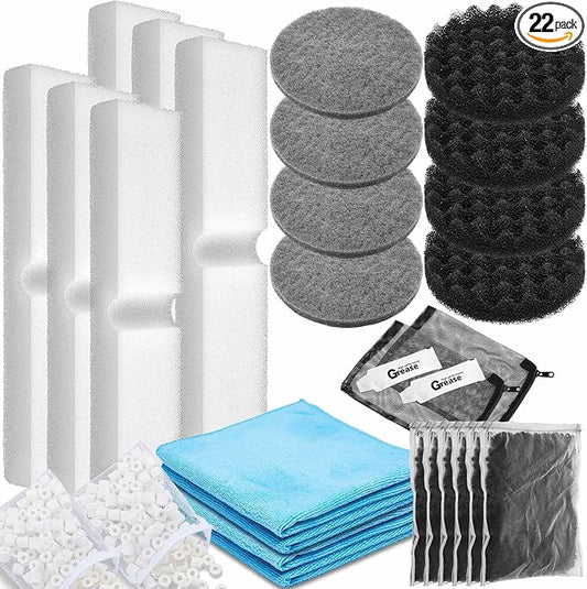 Threlaco 28 Pcs Aquarium Media Kit Compatible with Fluval Fx4/ Fx5/ Fx6 Filter, Carbon Foam Pad, Nitrite Remover Pads, Activated Carbon, Foam Block, Silicone Lube, Towels, Ceramic Ring, Mesh Bag