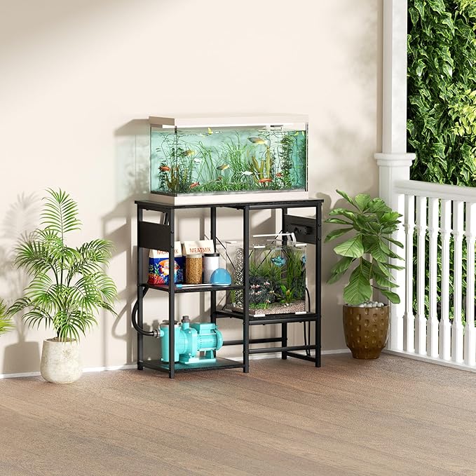 GRLEAF 5-10 Gallon Fish Tank Stand with Power Outlets, 4 Tier Metal Aquarium Stand with Wood Storage Shelves, 20.3" L x 10.6" W x 30.3" H Turtle Reptile Fish Tank Table Aquarium Table - Black