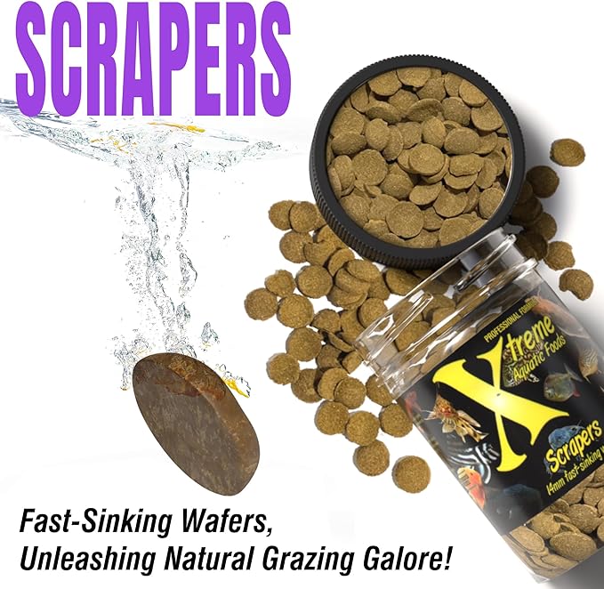 Xtreme Scrapers Wafers - Premium 14mm Fast-Sinking Fish Food – Nutrient & Cellulose Rich Ideal for Nocturnal Feeders, Catfish, Plecostomus Species, and Loaches – USA Farm Grown (9oz)