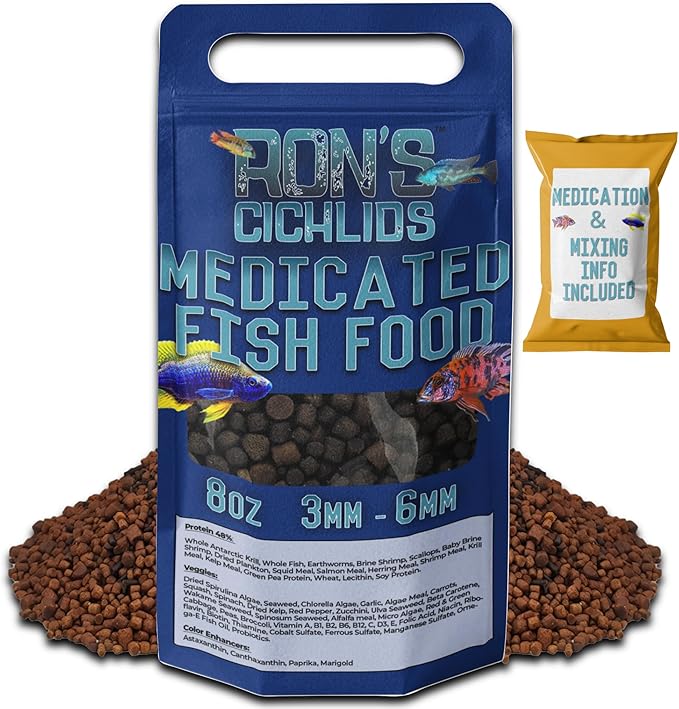 RON'S CICHLIDS Medicated Big Boy Blend African Cichlid Fish Food, Premium Tropical Fish Food Pellets with Protein, Veggies & Fruits for Healthier, Brighter & Bigger Tropical Fish & Cleaner Tanks, 1 LB