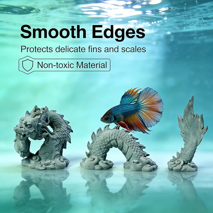 3-Piece Asian Dragon Aquarium Decor Set, Resin Bluestone Sand Ornaments, Sandstone Style, for Freshwater and Saltwater Fish Tanks and Gardens