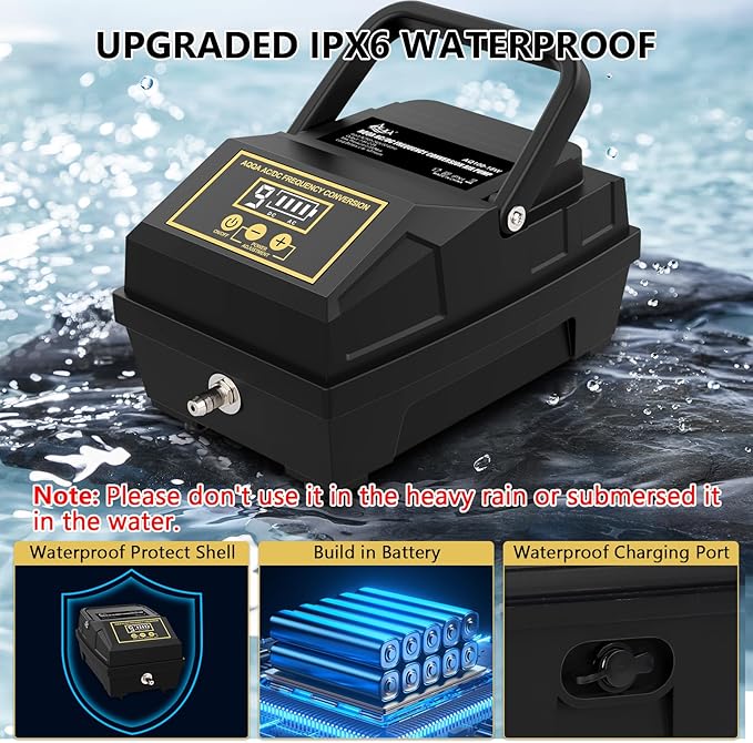 AQQA Powerful Aquarium Air Pump with 6 Outlets Battery Rechargeable Waterproof Outdoor Pond Oxygen Pump Fish Air Bubbler with Air Stones, Air Tubes and Valves (10W, 260GPH)