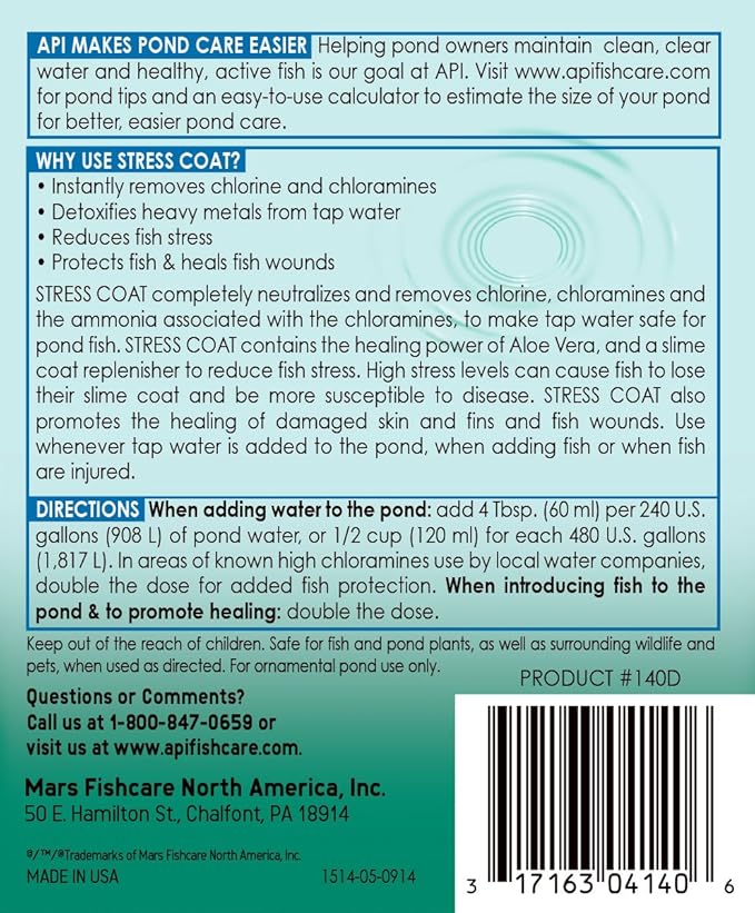 API POND STRESS COAT (64 fl oz) Pond Water Conditioner - Quickly Makes Tap Water Safe for Fish & Plants - Up to 7680 Gallons - Removes Chlorine, Ammonia & More - Natural Aloe Vera