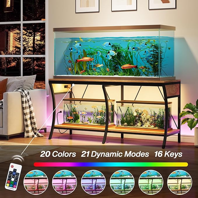 55-90 Gallon Fish Tank Stand with Power Outlets, 2-Tier Aquarium Stand with LED Light Strip & Open Storage Shelves, Heavy Duty Metal Table for Reptile Tank, 1100 LBS Capacity, Light Brown and Black