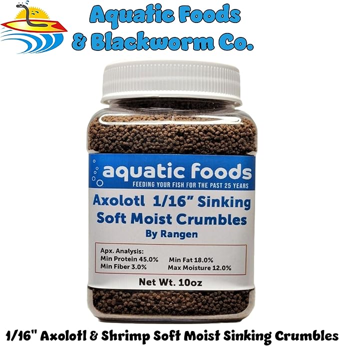 Axolotl Food 1/16" Soft Moist Sinking Salmon Crumbles for Baby Axolotl Also Shrimp, Snails, Crabs, Crayfish, Bottom Tropical Fish...10oz Small Jar