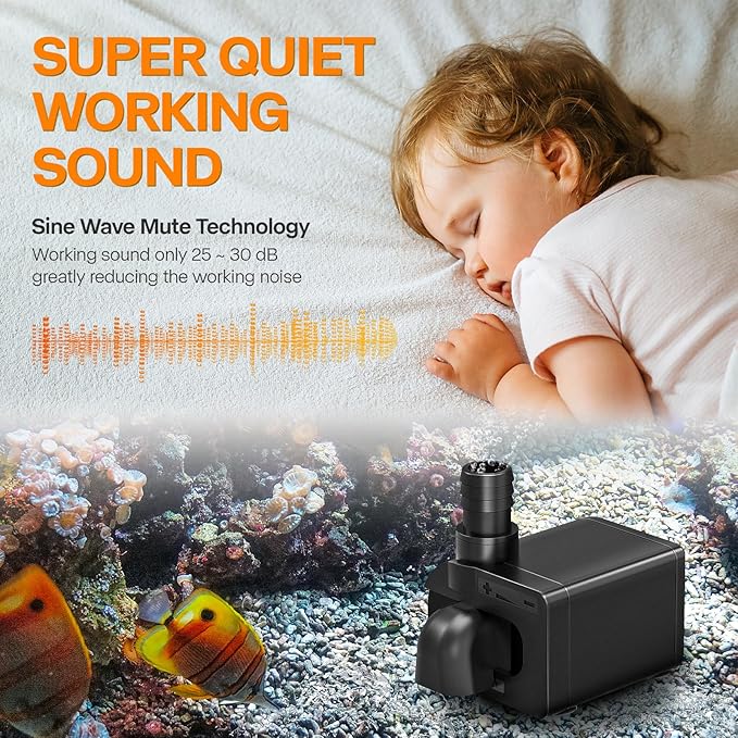 Submersible fountain pump, an ultra-quiet water pump with a filter screen. 85GPH,120V 60HZ, features a detachable design, and is suitable for fish tanks, aquariums, hydroponic systems, and fountains.