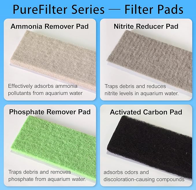 4-in-1 Aquarium Filter Pad Set, Activated Carbon + Ammonia Remover + Nitrite Reducer + Phosphate Remover Sponge, Cut-to-Fit Multi-Function Filter Media Combo for Freshwater Saltwater Fish Tank & Pond