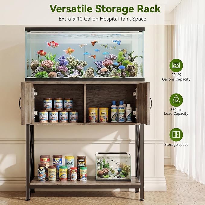 Petrova 20-29 Gallon Fish Tank Stand, Metal Double Aquarium Stand with Storage Cabinet, Heavy Duty 31.5" L* 16.54" W Tabletop, 330LBS Capacity, Rustic Brown