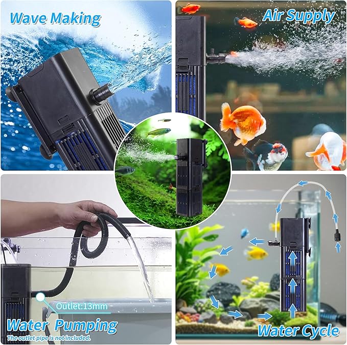 Aquarium Filter Water Flow Adjustable for 20-40 Gallon Fish Turtle Tank 132GPH 4in1 Biochemical Filtration Powerful Submersible Internal Pumps & Filters Keep Freshwater Saltwater Crystal Clear Small