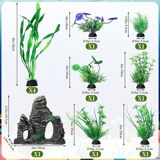 Lounsweer 12 Pcs 5 Gallon Large Fish Tank Plastic Fish Bowl Shatterproof with Aquarium Decor Artificial Plastic Plant and Rock Cave Goldfish Betta Tank Decor for Terrarium Flower Vase Centerpiece Gift