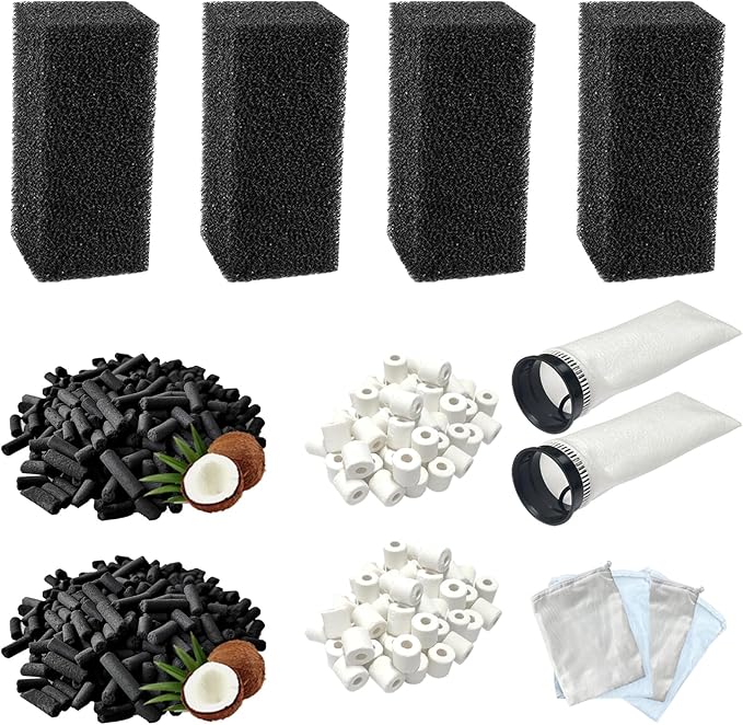 14-Pack Set Aquarium Filter Media Compatible with Waterbox AIO 10 Cube and AIO 15 Peninsula Aquarium Filter, Includes Filter Socks, Carbon Pellets, Ceramic Rings, Sponge Filters and Mesh Bags