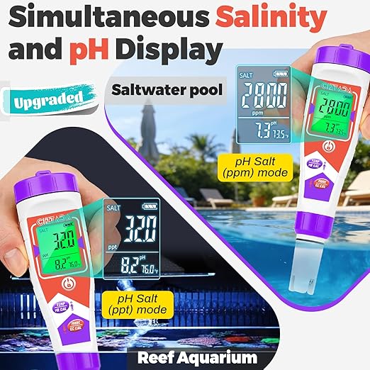 Pool Salt Tester for Swimming Pool Salinity Tester and pH Meter for Saltwater 5 in 1 Digital Salinity pH EC TDS Temp Meter with 35ppt Calibration Solution for Hot tub, Reef Aquarium, Koi Pond